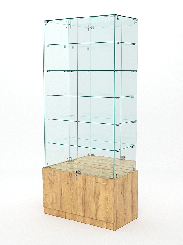 Витрина стеклянная КРИСТАЛЛ №507 (с дверками, задняя стенка - зеркало), Дуб Золотистый