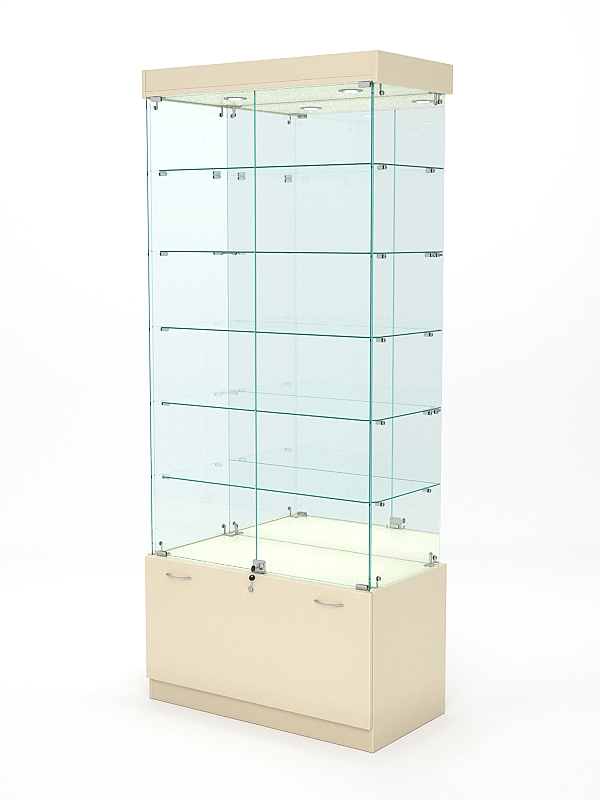 Витрина стеклянная КРИСТАЛЛ №503 (с дверками, задняя стенка - зеркало), Крем Вайс