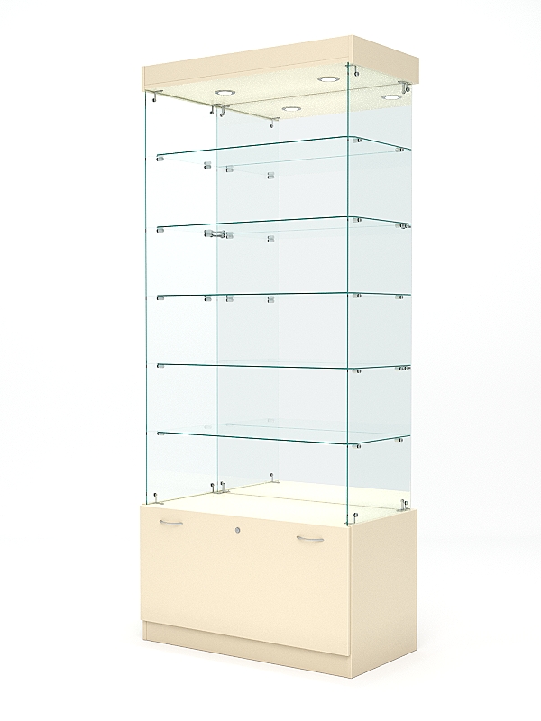 Витрина стеклянная КРИСТАЛЛ №603 (без дверок, задняя стенка - зеркало), Крем Вайс