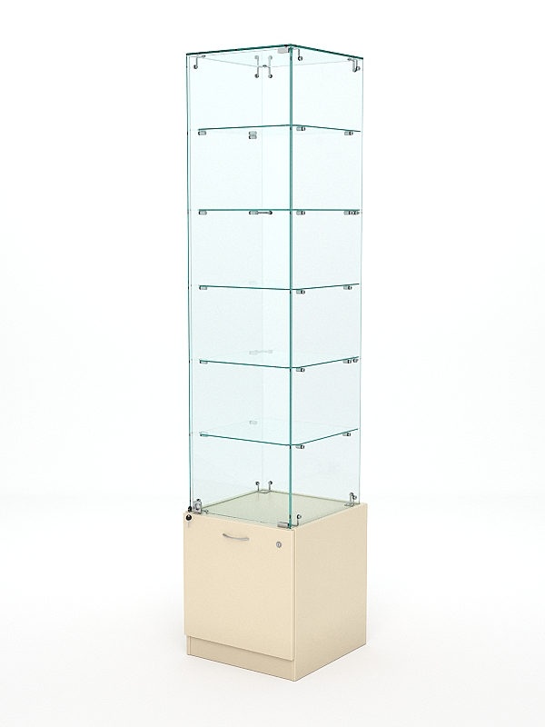 Витрина стеклянная КРИСТАЛЛ №506 (с дверкой, задняя стенка - стекло), Крем Вайс