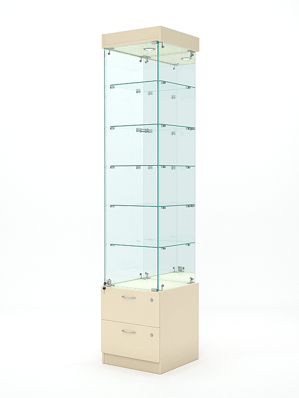 Витрина стеклянная ХРУСТАЛЬ №504 (с дверкой, задняя стенка - зеркало), Крем Вайс