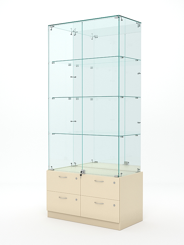 Витрина стеклянная ХРУСТАЛЬ №7 (с дверками, задняя стенка - зеркало), Крем Вайс