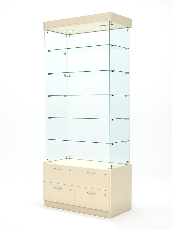 Витрина стеклянная ХРУСТАЛЬ №601 (без дверок, задняя стенка - стекло), Крем Вайс